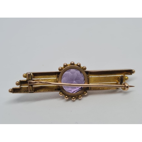 237 - 9ct Gold Amethyst Bar Brooch, 3.3g