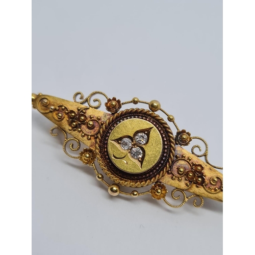 242 - 15ct Gold Victorian Bar Brooch with 3 Small Central Diamonds, 5.7g