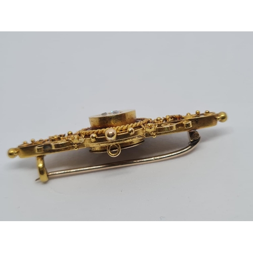 242 - 15ct Gold Victorian Bar Brooch with 3 Small Central Diamonds, 5.7g