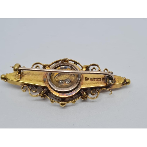 242 - 15ct Gold Victorian Bar Brooch with 3 Small Central Diamonds, 5.7g