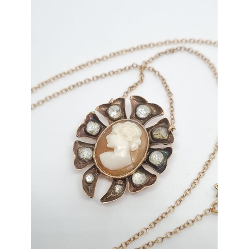 345 - Vintage Cameo and Diamond Pendant on a 14ct, 42cm, Necklace. 8.4g