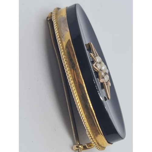 348 - Black Onyx and Seed Pearl Brooch on 9ct Gold, 6.2g