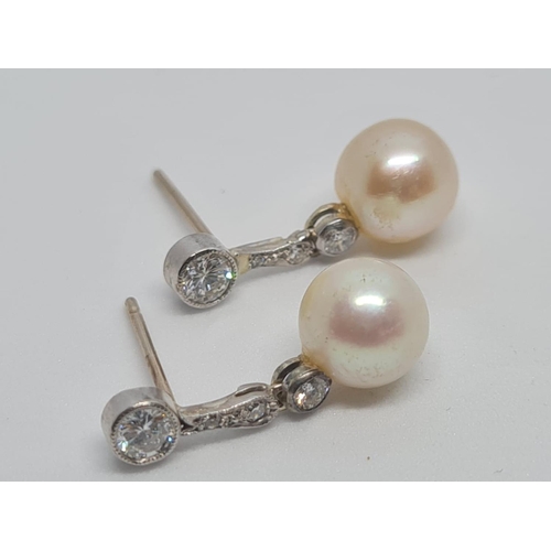 387 - Pair of Cultured Pearl Diamond Earrings, .40ct