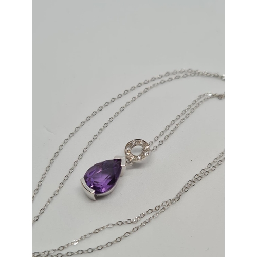 497 - Amethyst and Diamond Pendant, 44cm, 9ct Chain