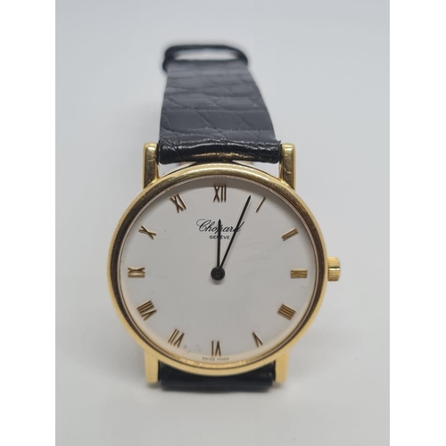 50 - Chopard 18ct Gold Gentleman's Wristwatch, White Face, Roman Numerals and Leather Strap