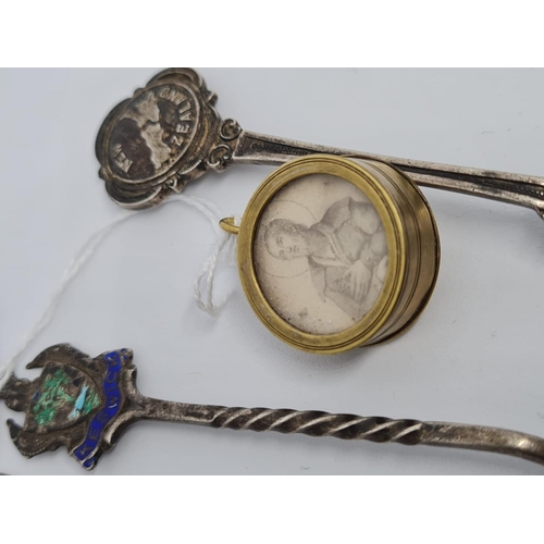 606 - Three Silver Souvenir Spoons, Keswick, London Westminster,  New Zealand and a plated Tom O Shanter S... 