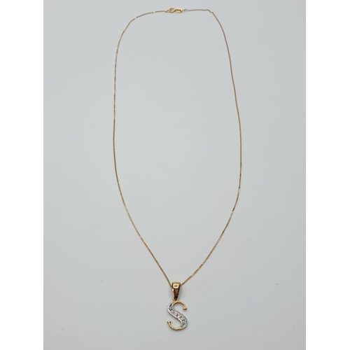 203 - 9ct yellow gold diamond set initial S on chain 2.2g