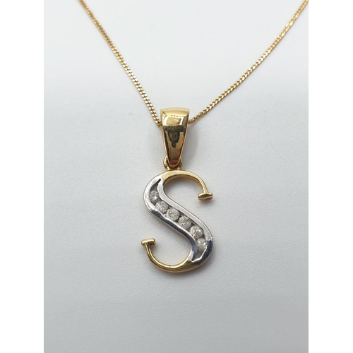 203 - 9ct yellow gold diamond set initial S on chain 2.2g