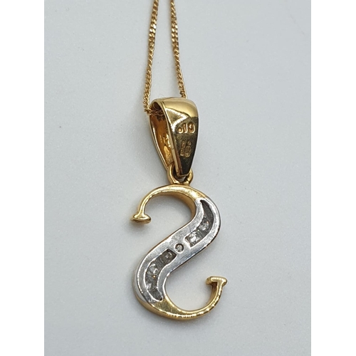 203 - 9ct yellow gold diamond set initial S on chain 2.2g