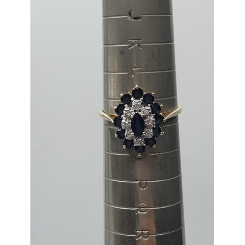 290 - 9ct yellow gold diamond and sapphire cluster ring, weight 2.2g and size M1/2