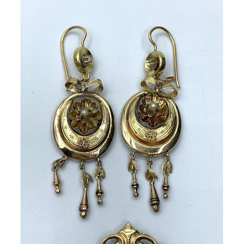 379 - Victorian Pendant and Earring Set in 15ct Gold and Seed Pearls (2 Missing)