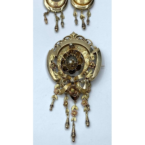 379 - Victorian Pendant and Earring Set in 15ct Gold and Seed Pearls (2 Missing)