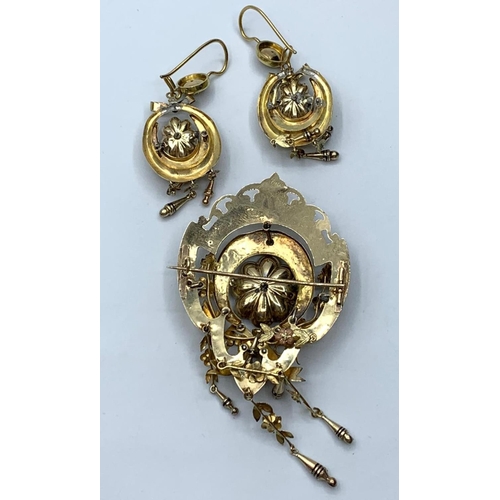 379 - Victorian Pendant and Earring Set in 15ct Gold and Seed Pearls (2 Missing)