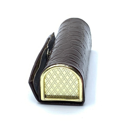 621 - Vintage 1950s lipstick case with mirror. Finished in brown imitation patent crocodile. 9cm approx