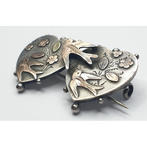 513 - Silver double heart brooch. Unusual mizpah brooch having two connected hearts with birds and flowers... 