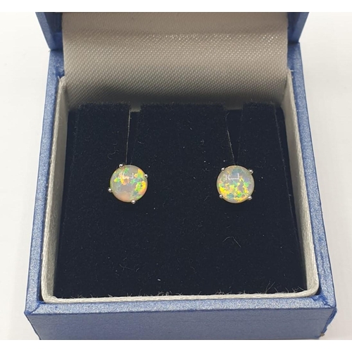 543 - Pair of silver earrings having round stones appearing as opals. Gift boxed. Marked 925 silver.