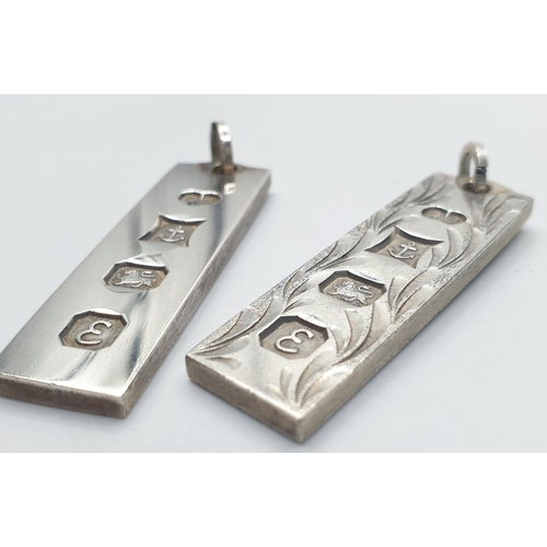 547 - 2x vintage silver ingot pendants. Clear hallmarks for Birmingham 1979. Length 4.5cm