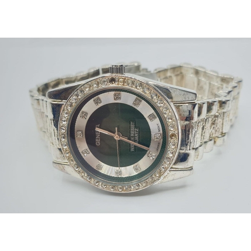 609 - Geneva Gents wristwatch green face zirconia model. Perfect working order. Quartz movement. Zirconia ... 