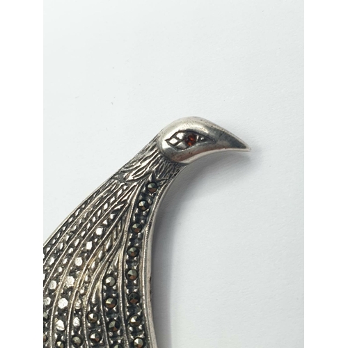 640 - Vintage silver marcasite bird brooch. Garnet eye, art deco style hallmark for 925 silver