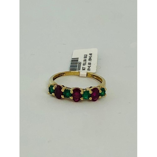 794 - PJL32 - 9k yellow gold ring with rubies 0.60cts abs emeralds 0.40ts; size N; 1.7g