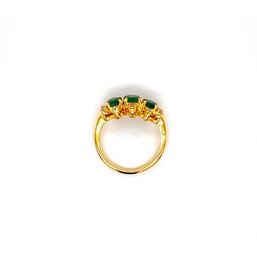 800 - 21K YELLOW GOLD EMERALD TRILOGY RING AND DIAMOND, 1.5CT OVAL NATURAL EMERALD (SI), WEIGHT 4.58G AND ... 