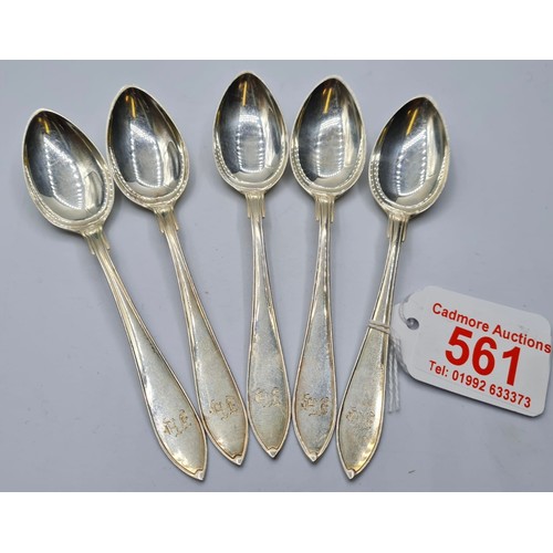 793 - Five Swedish Silver Teaspoons, Dated 1927 by Carl Gustan Hallberg 74 grams (5)