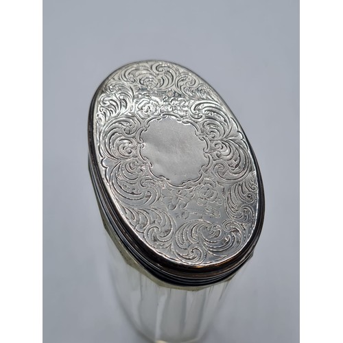 804 - Early Victorian Silver and Glass Dressing Table Powder Jar. Having an oval shape with silver lid ove... 