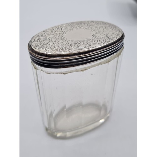 804 - Early Victorian Silver and Glass Dressing Table Powder Jar. Having an oval shape with silver lid ove... 