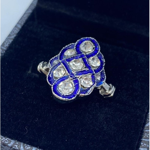 447 - Blue Kite Enamel Art Deco Style Dress Ring, Size K, Weight 4.79g