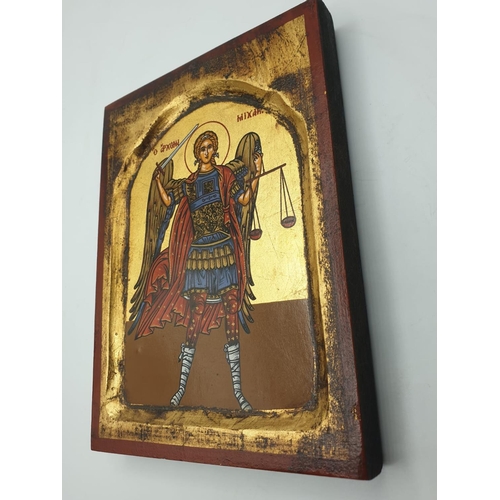 116 - A Greek orthodox icon of St Michael. Hand painted in the Byzantine style on gilded wood. Excellent, ... 