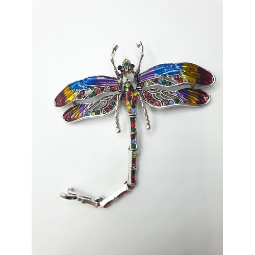 92 - Three large dragonfly brooches in a wooden box. Enamel applied by hand on various metals with imitat... 