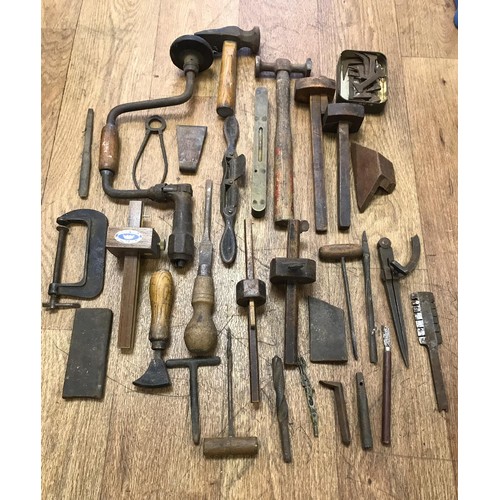 370 - Quantity of antique tools including planes and set squares