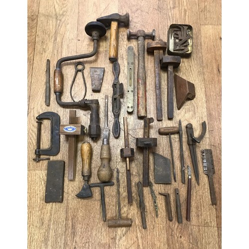 370 - Quantity of antique tools including planes and set squares