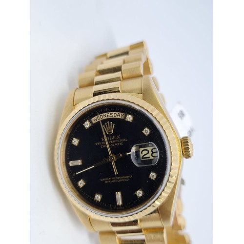 38 - Rolex 18ct gold Day-Date Gents Watch, 36mm diameter with Factory Black Diamonds Dot Dial, 1985 Model... 