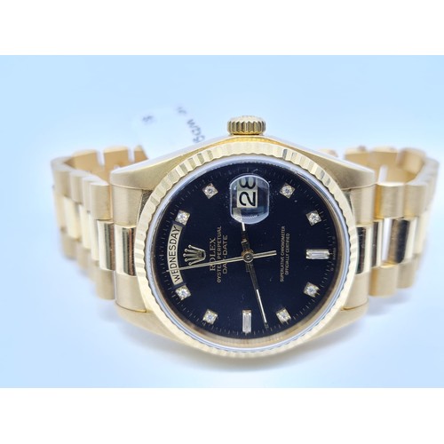 38 - Rolex 18ct gold Day-Date Gents Watch, 36mm diameter with Factory Black Diamonds Dot Dial, 1985 Model... 