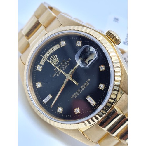 38 - Rolex 18ct gold Day-Date Gents Watch, 36mm diameter with Factory Black Diamonds Dot Dial, 1985 Model... 