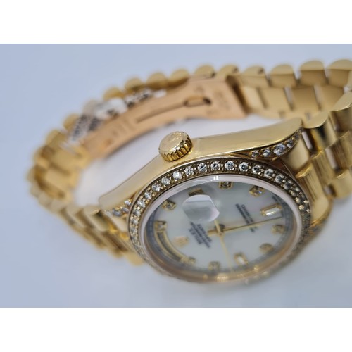 32 - 18ct Rolex Day-Date 36mm Costumed Diamond Shoulders and Bezel. 1987 Model. Come with box, no paper.