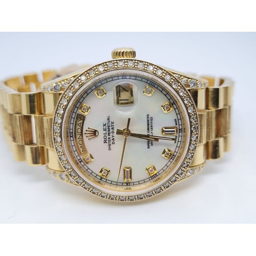 32 - 18ct Rolex Day-Date 36mm Costumed Diamond Shoulders and Bezel. 1987 Model. Come with box, no paper.