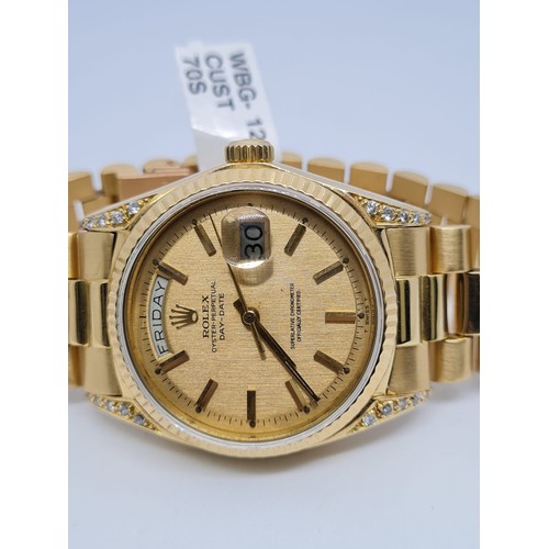 23 - 18ct GOLD Rolex Date Day Watch with Costumed Diamond Shoulders with Original Dial, 70s Model and 36m... 