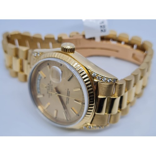 23 - 18ct GOLD Rolex Date Day Watch with Costumed Diamond Shoulders with Original Dial, 70s Model and 36m... 