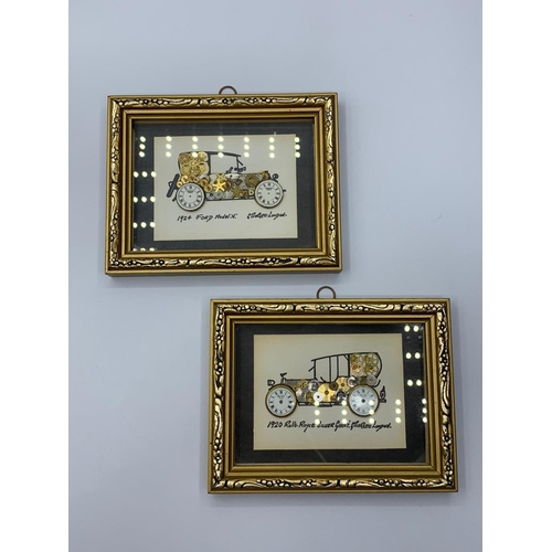 528 - A vintage, framed, miniature pair of early 20th century automobiles, made with watch parts. Initiall... 