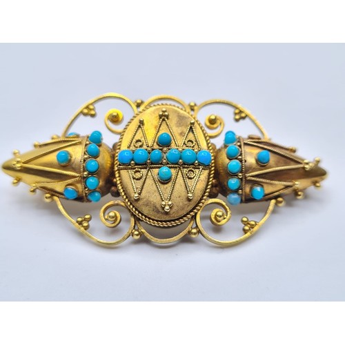 600 - Antique 15ct gold and turquoise brooch, 8.4 grams and 5cm approx.