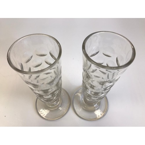 523 - Two Georgian hand blown glasses of tapered cylindrical form on a wide foot and polished pontils, hei... 