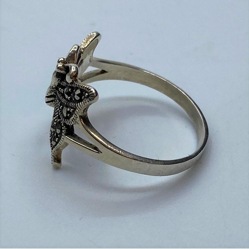 194 - Silver Marcasite Butterfly Ring, Stamped 925 Silver, Boxed, Size R.