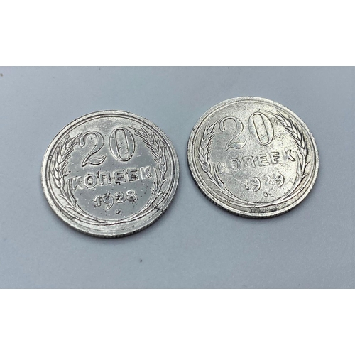 226 - Pair of Silver Russian 20 kopeck coins 1928 and 1929, very fine condition (2)