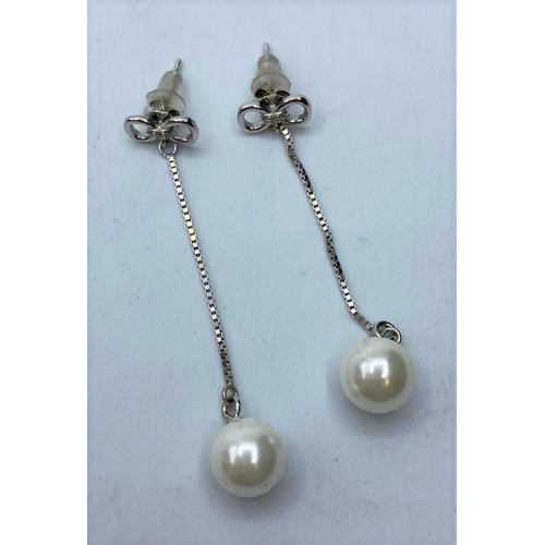 239 - Silver box CHAIN EARRINGS with pearl drop.  925 silver. boxed.