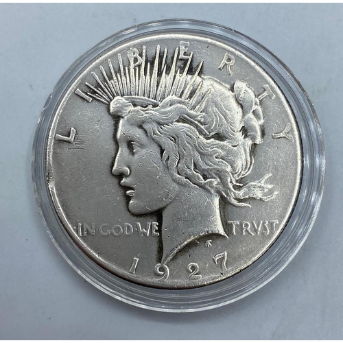 50 - Silver Liberty PEACE DOLLAR 1927.  Having the rarer mint mark of Denver.   Fine/Extra fine with mill... 