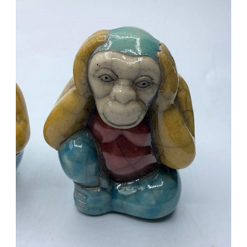 88 - 3x vintage ceramic monkeys, See no evil-Hear no evil-Speak no evil, 9cm tall