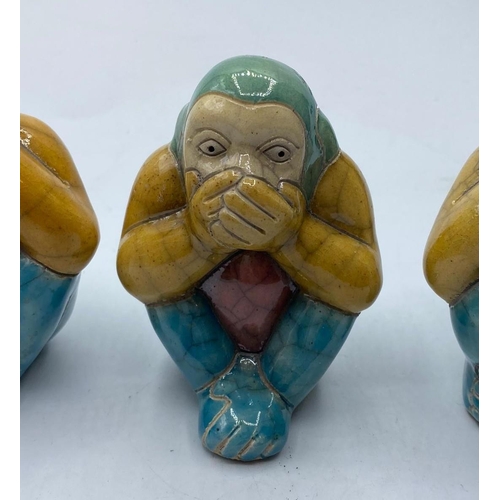 88 - 3x vintage ceramic monkeys, See no evil-Hear no evil-Speak no evil, 9cm tall