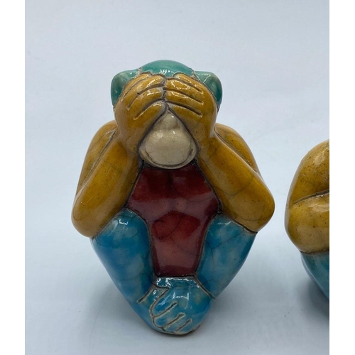 88 - 3x vintage ceramic monkeys, See no evil-Hear no evil-Speak no evil, 9cm tall